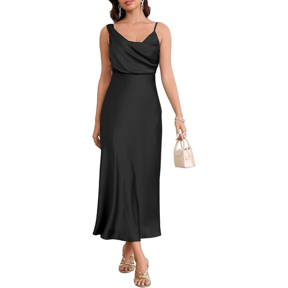 Dresses & Skirts - Women's Ab Black Elegant Cowl Neck Adjustable Spaghetti Strap Maxi Dress